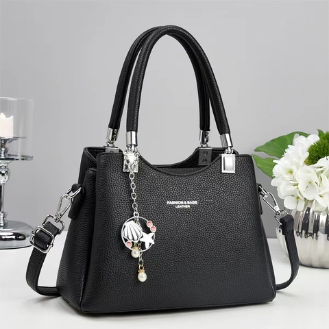 Bolso De Mano Bolso De Hombro Para Mujer Cuero PU Patrón Lichi Gran Capacidad Elegante Diario Con Colgante De Concha Perla Artificial