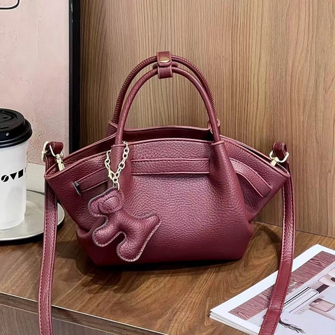 Women Lychee Pattern PU Leather Handbag Dumpling Shape Shoulder Crossbody Bag With Cute Animal Pendant Solid Color Soft