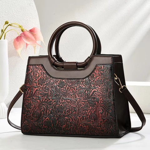Borsa A Mano Vintage Con Goffratura Floreale Pelle PU Retro Manico Borsa A Tracolla Per Donna Grande Capacità Elegante