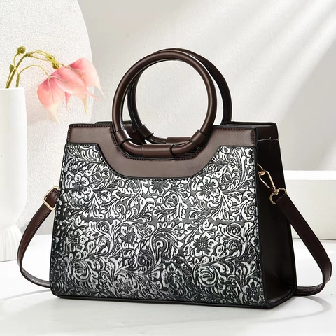 Borsa A Mano Vintage Con Goffratura Floreale Pelle PU Retro Manico Borsa A Tracolla Per Donna Grande Capacità Elegante