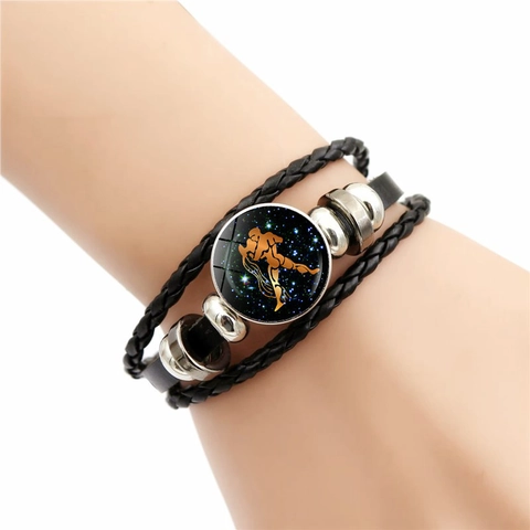 Bracciale Segni Zodiacali Pelle Intrecciata Multistrato Lega Cabochon In Vetro Vintage Punk Fatto A Mano Gioielli Regolabili Unisex