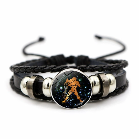 Bracciale Segni Zodiacali Pelle Intrecciata Multistrato Lega Cabochon In Vetro Vintage Punk Fatto A Mano Gioielli Regolabili Unisex