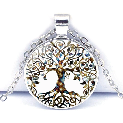 Collier Pendentif Arbre De Vie Vintage Verre Cabochon Alliage Rond Bijoux Pour Femmes Style Rétro Accessoire