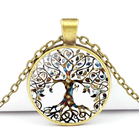 Collier Pendentif Arbre De Vie Vintage Verre Cabochon Alliage Rond Bijoux Pour Femmes Style Rétro Accessoire