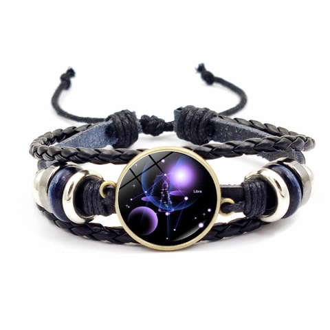 12 Constellation Zodiac Sign Braided Leather Bracelet Multilayer Glass Cabochon Retro Punk Jewelry For Men Women