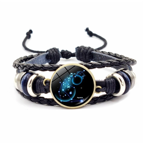 Bracciale In Pelle Intrecciata 12 Segni Zodiacali Costellazione Multistrato Cabochon In Vetro Gioielli Punk Retro Uomo Donna