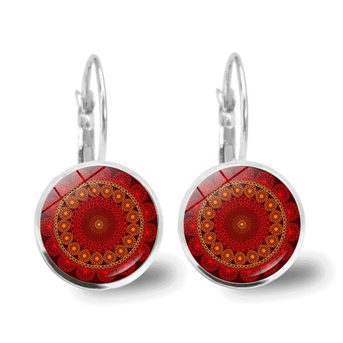 Vintage Mandala Bloem Glas Cabochon Hangeroorbellen Antiek Brons Zilver Legering Hefboomsluiting Oorbellen Voor Vrouwen Boheemse Etnische Stijl Sieraden