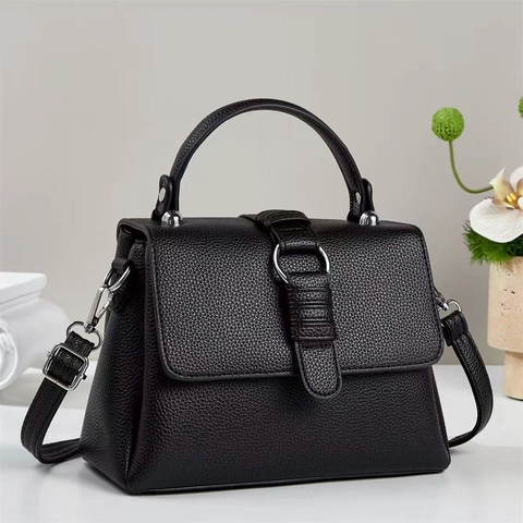 Women Handbag PU Leather Litchi Grain Top Handle Crossbody Shoulder Bag Silver Hardware Commuter Elegant Satchel