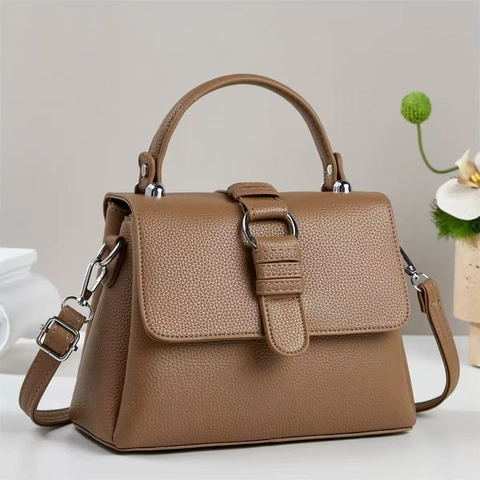 Women Handbag PU Leather Litchi Grain Top Handle Crossbody Shoulder Bag Silver Hardware Commuter Elegant Satchel