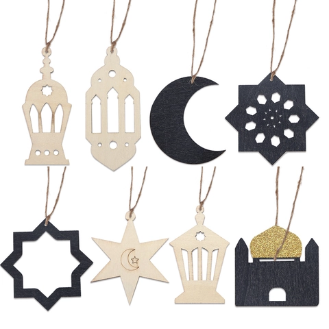 Ramadan Kareem Eid Mubarak Wooden Hanging Ornaments Hollow Moon Star Lantern Castle Shapes Islamic Middle East Festival Party Decor