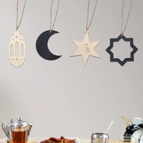 Ramadan Kareem Eid Mubarak Wooden Hanging Ornaments Hollow Moon Star Lantern Castle Shapes Islamic Middle East Festival Party Decor