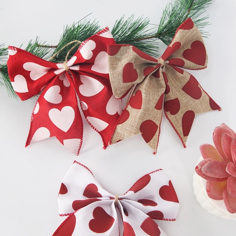 Valentine's Day Heart Print Decorative Bows For Wedding Party DIY Polyester Fabric Large Bows Gift Wrapping Ornaments