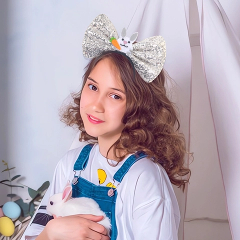 Serre-tête à Nœud en Paillettes de Pâques pour Enfants Femmes Décoration de Fête Lapin Poussin Carotte Œuf Ornement Accessoire de Cheveux Festif en Plastique