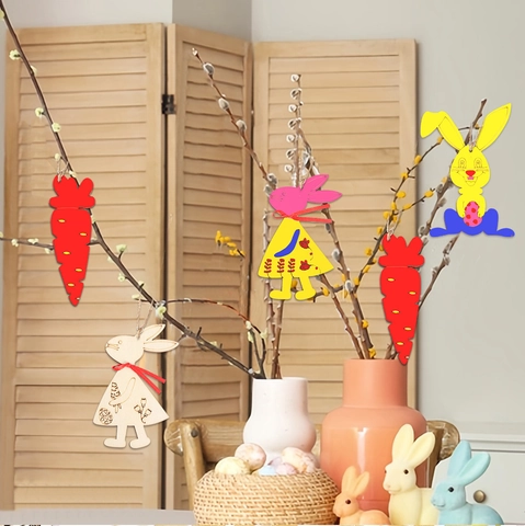 Ornements en Bois de Pâques Dessin Animé Lapin Œuf Carotte Tranches de Bois pour Enfants Bricolage DIY Peinture Maison Fête Décor