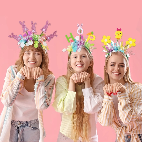 Easter Party Headband Rabbit Ear Chick Flower Easter Egg Carrot Decoration Headpiece Colorful Tinsel Festive Party Favor Headband
