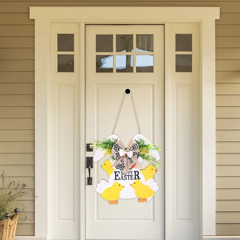 Easter Wooden Door Hanging Plaque Wreath Rabbit Chick Egg Floral Welcome Sign For Front Door Home Garden Festive Decor