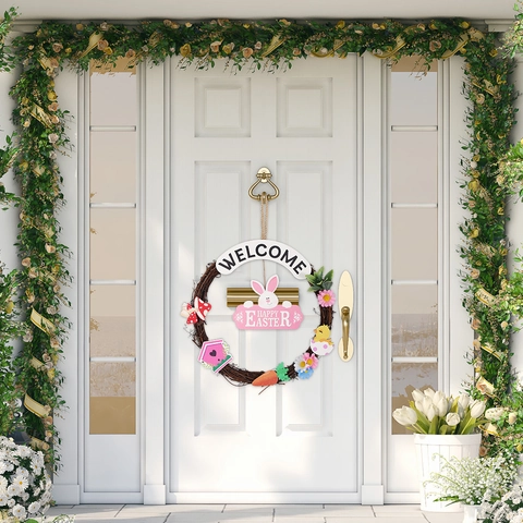 Easter Wooden Hanging Sign Rabbit Egg Chick Welcome Door Decor For Holiday Party Home Wall Decoration Wreath Sign