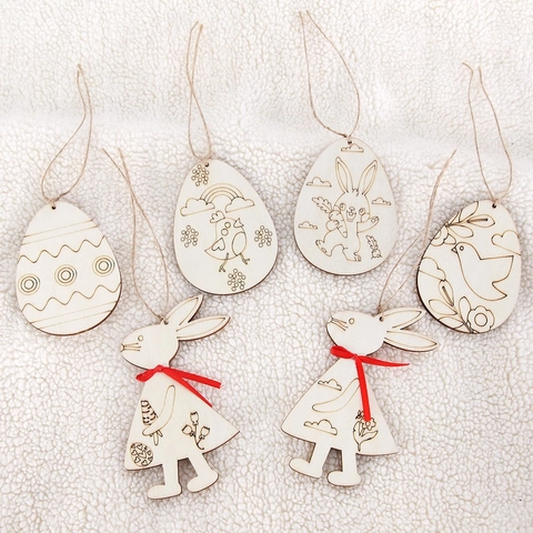 Easter Wooden Ornaments Cartoon Bunny Egg Carrot Wood Slices For Kids Arts Crafts DIY Painting Holiday Home Party Decor