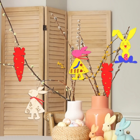 Easter Wooden Ornaments Cartoon Bunny Egg Carrot Wood Slices For Kids Arts Crafts DIY Painting Holiday Home Party Decor