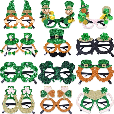 St. Patrick's Day Party Glasses Lucky Shamrock Green Glitter Leprechaun Hat Irish Festival Costume Accessories Photo Props