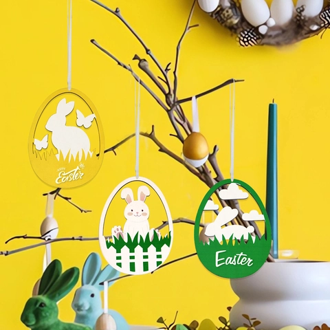 Easter Hanging Egg Pendants Wooden Hollow Cartoon Rabbit Colorful Party Home Decoration Ornaments With Rope