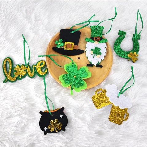 St Patrick's Day Felt Hanging Ornaments Green Gold Glitter Shamrock Clover Gnome Irish Festival Party Decorations Hanging Pendant