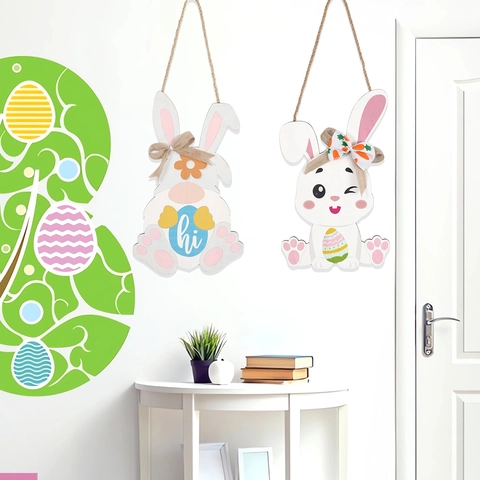 Targa Appesa In Legno Pasquale Ornamento Motivo Coniglio Pulcino Uovo Per Porta Parete Decorazione Casa Con Corda Di Juta