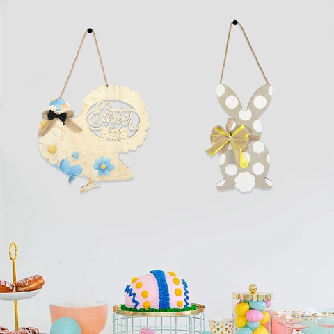 Targa Appesa In Legno Pasquale Ornamento Motivo Coniglio Pulcino Uovo Per Porta Parete Decorazione Casa Con Corda Di Juta