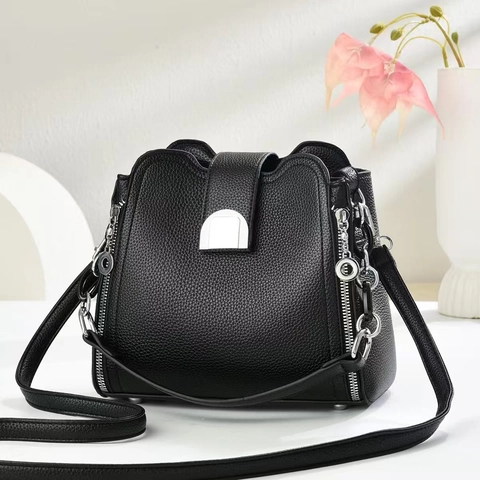 Modische Eimer Tasche Aus PU Leder Mit Litschi Struktur Für Damen Große Kapazität Schultertasche Umhängetasche Silberne Hardware