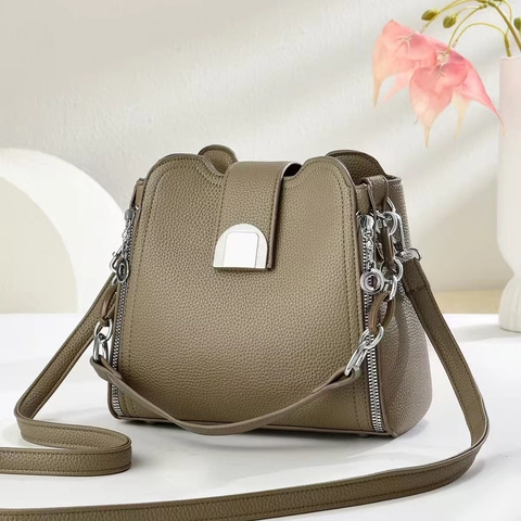 Modische Eimer Tasche Aus PU Leder Mit Litschi Struktur Für Damen Große Kapazität Schultertasche Umhängetasche Silberne Hardware