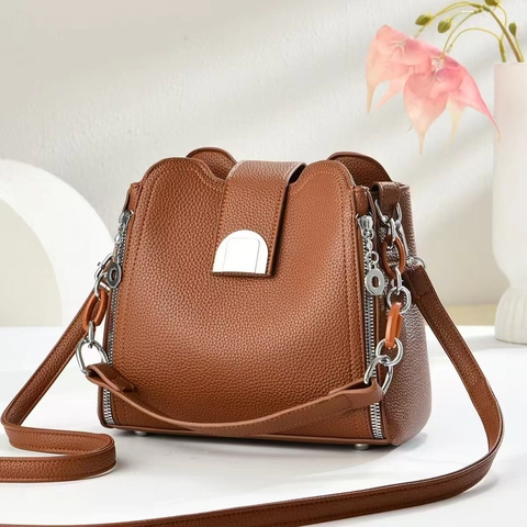 Bolso Bombonera de Cuero PU con Patrón de Lichi para Mujer Bandolera Con Cierre de Metal Cadena Cremalleras Laterales Bolso de Mano Casual