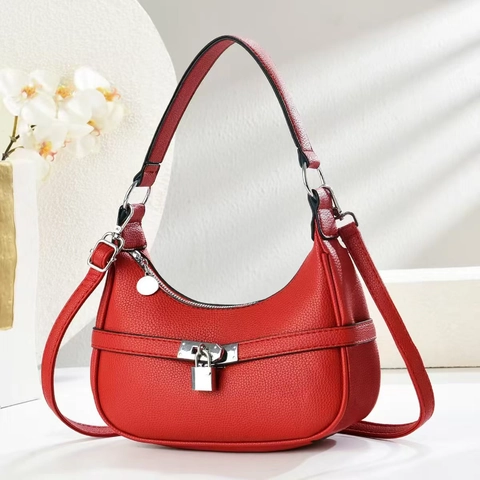 Sac À Épaule Hobo Pour Femmes Motif Litchi Cuir PU Forme Croissant Avec Cadenas Argenté Sac Bandoulière Main