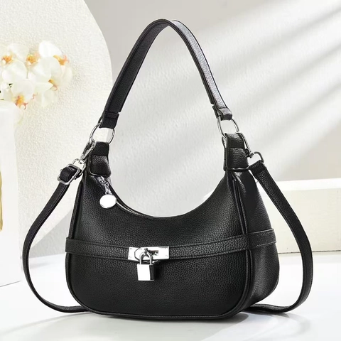 Sac À Épaule Hobo Pour Femmes Motif Litchi Cuir PU Forme Croissant Avec Cadenas Argenté Sac Bandoulière Main