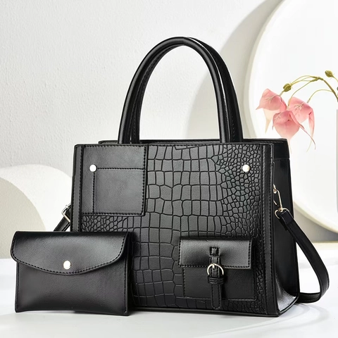 Fashion Women Crocodile Embossed Handbag Set Large PU Leather Tote And Envelope Clutch Shoulder Crossbody Bag Minimalist