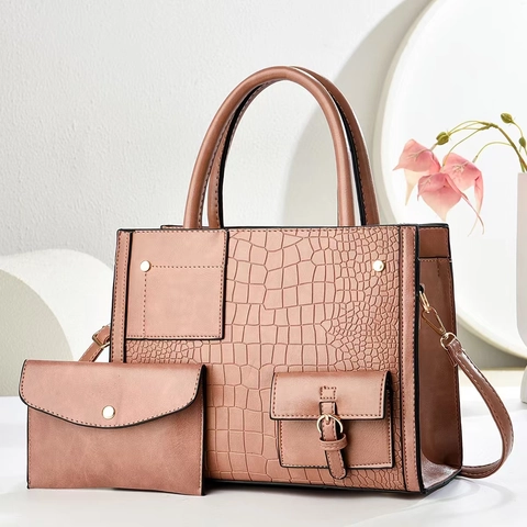 Fashion Women Crocodile Embossed Handbag Set Large PU Leather Tote And Envelope Clutch Shoulder Crossbody Bag Minimalist