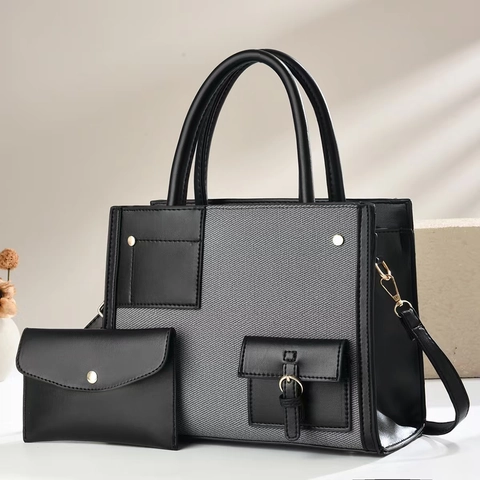 Γυναικεία Τσάντα Χειρός Tote Και Πορτοφόλι Color Block PU Δέρμα Καμβάς Αντίθεση Μεγάλη Χωρητικότητα Τσάντα Ώμου