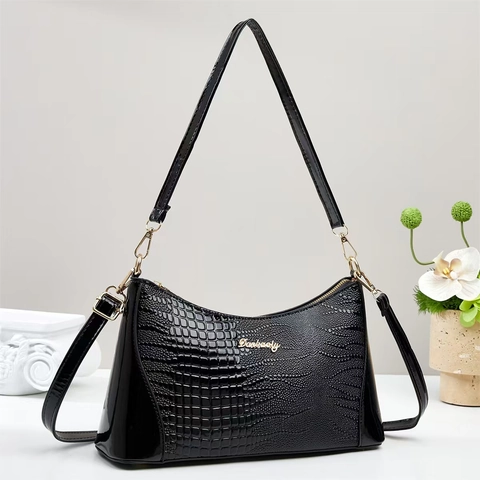 Damen Achseltasche Glänzend PU Leder Krokodilmuster Einzelschultertasche Elegante Nischen Design Handtasche Mit Goldener Hardware