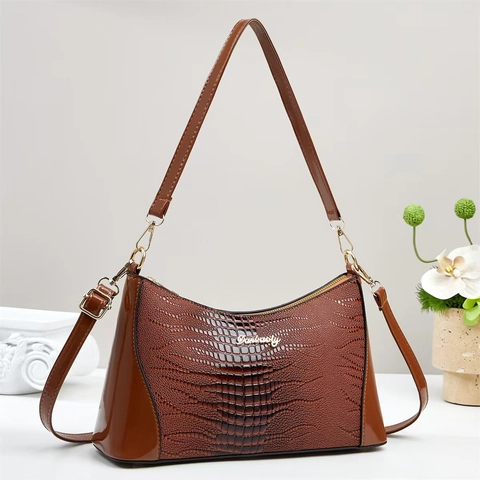 Damen Achseltasche Glänzend PU Leder Krokodilmuster Einzelschultertasche Elegante Nischen Design Handtasche Mit Goldener Hardware
