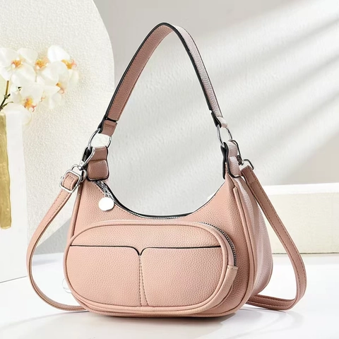 Women Lychee Grain PU Leather Crescent Shoulder Bag Minimalist Underarm Crossbody Purse With Silver Hardware Daily Travel