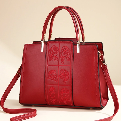 Damen Handtasche Rosenstickerei PU Leder Tote Bag Mit Abnehmbarem Schultergurt Elegante Strukturierte Umhängetasche