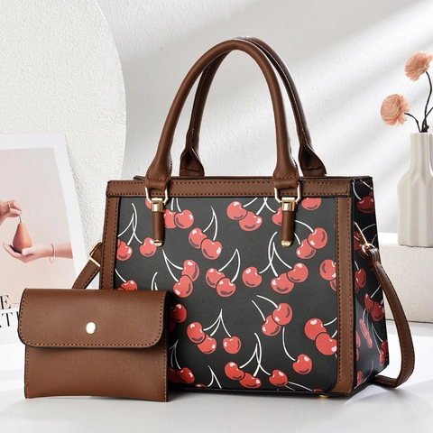 Sac Fourre-Tout Et Portefeuille Imprimé Cerise Femme Sac À Bandoulière Cuir PU Motif Mode Vintage