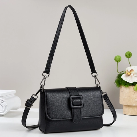 Women Litchi Texture PU Leather Shoulder Bag Minimalist Square Buckle Flap Crossbody Bag Solid Color Commuter Handbag