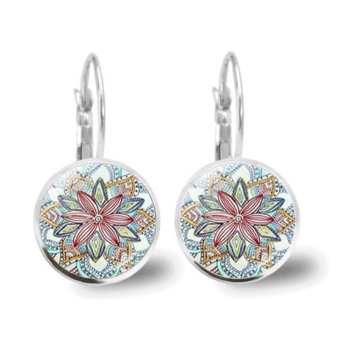 Mandala Leverback Drop Earrings Vintage Bohemian Glass Cabochon Alloy Ethnic Jewelry For Women Geometric Floral Pattern