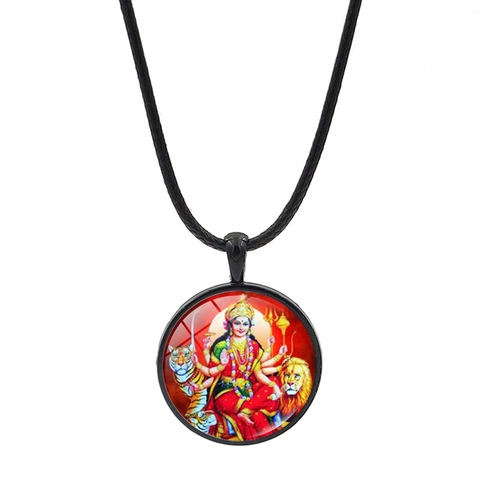 Hindu God Goddess Pendant Necklace Vintage Alloy Glass Cabochon Time Gem Black Wax Cord Religious Ethnic Jewelry Unisex