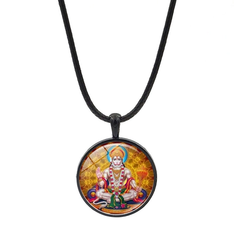 Hindu God Goddess Pendant Necklace Vintage Alloy Glass Cabochon Time Gem Black Wax Cord Religious Ethnic Jewelry Unisex