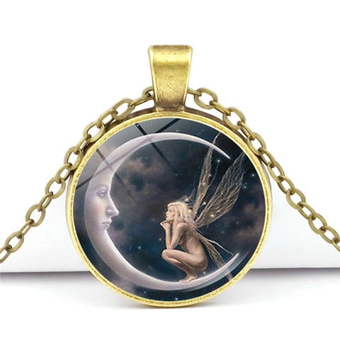 Collar Colgante Aleación Vidrio Cabujón Luna Ángel Hada Ilustración Joyas Estilo Fantasía Vintage Para Mujeres Niñas