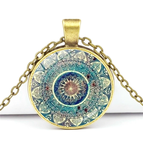 Vintage Mandala Blume Zeit Edelstein Anhänger Halskette Antik Bronze Zinklegierung Glas Cabochon Geometrischer Schmuck Für Herren Damen