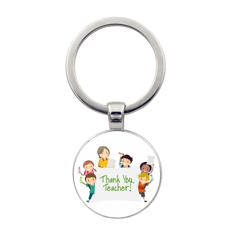 Zinklegierung Glas Zeit Edelstein Schlüsselanhänger Danke Lehrer Geschenk Runde Cartoon Muster Anhänger Schlüsselring