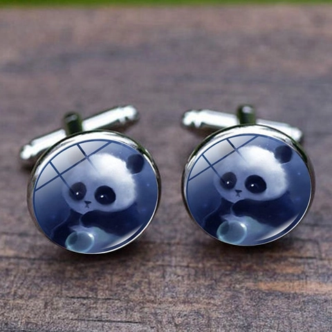 Boutons De Manchette Motif Panda Alliage Cabochon En Verre Hommes Accessoires Chemise Formelle Argenté Bijoux Animaux