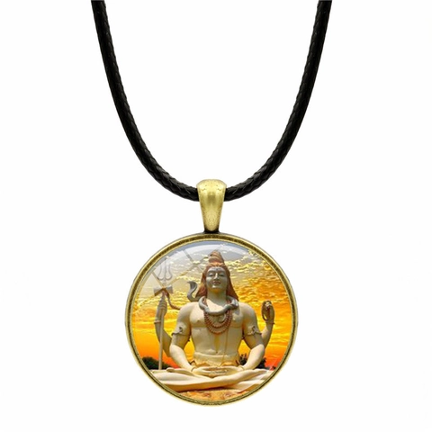 Shiva Hindu God Pendant Necklace Zinc Alloy Glass Cabochon Vintage Religious Jewelry For Men Women Leather Cord